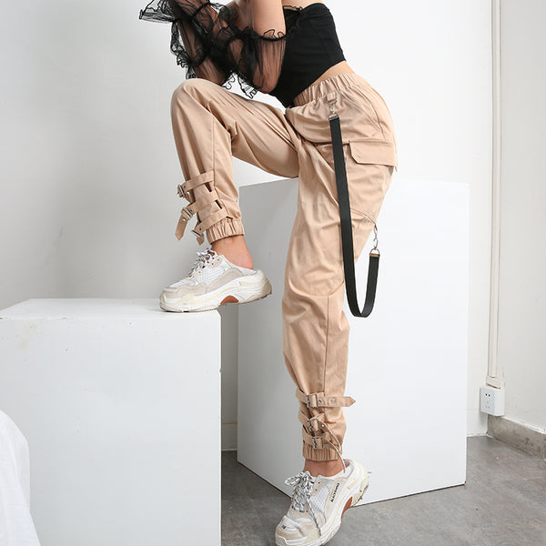 Streetwear Khaki Casual Cargo Pants Capris Women Elastic High Waist Joggers Buttons Fashion Hip Hop Long Trousers